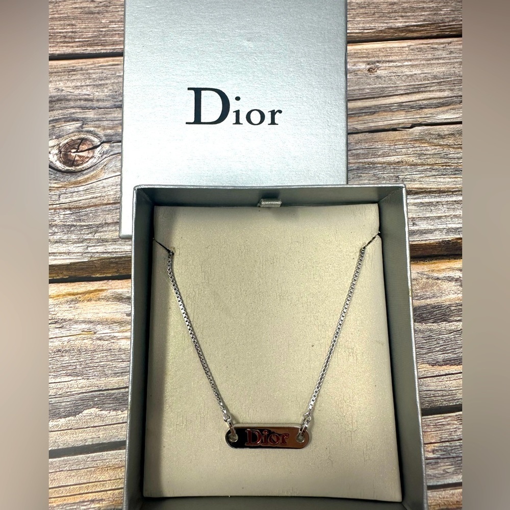 Christian Dior Vintage Dior Silver Plated Red Enamel Logo Necklace​​​
